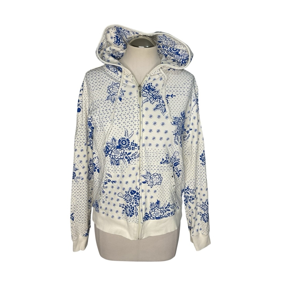 Reverse Blue White Floral Zip Hoodie Jacket Cottagecore Size L - Picture 2 of 6